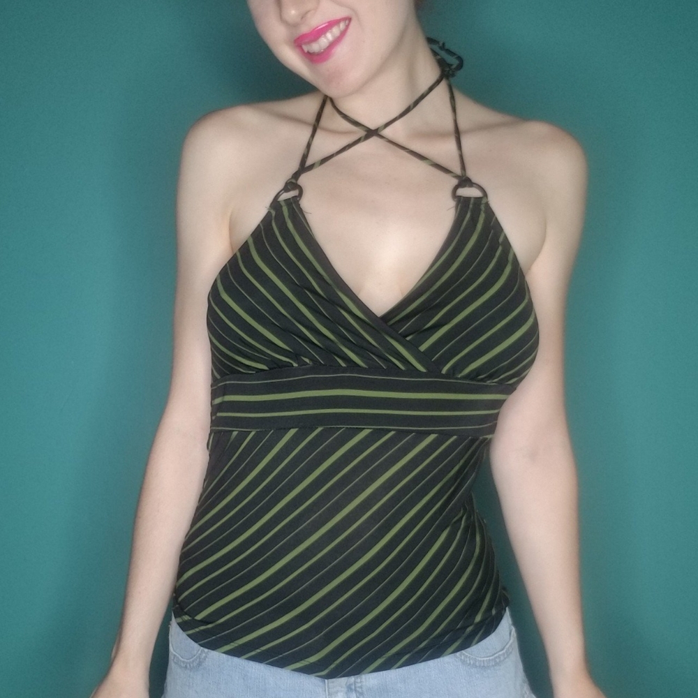 #Y2K stripped Black and Green stretchy tank top M